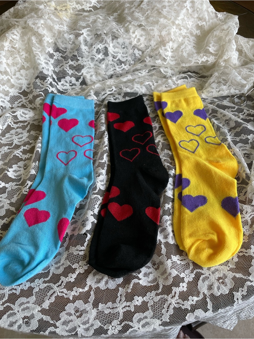 Whimsical Heart Pattern Crew Socks - Blue, Black & Yellow (3-Pack)